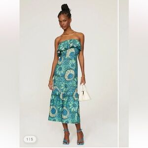NWT RHODE Thea strapless ruffle midi Dress aquatic Bloom XS